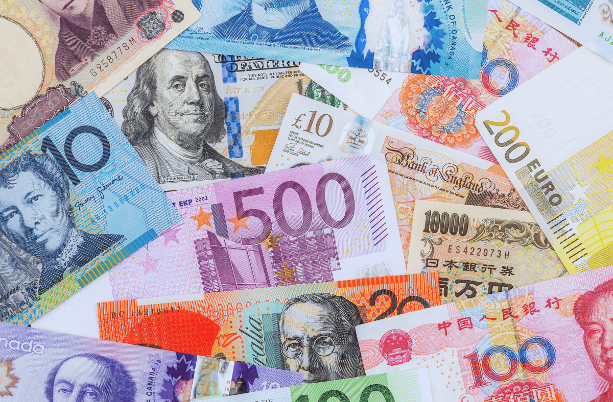 Multiple international currencies representing different markets for pricing strategies