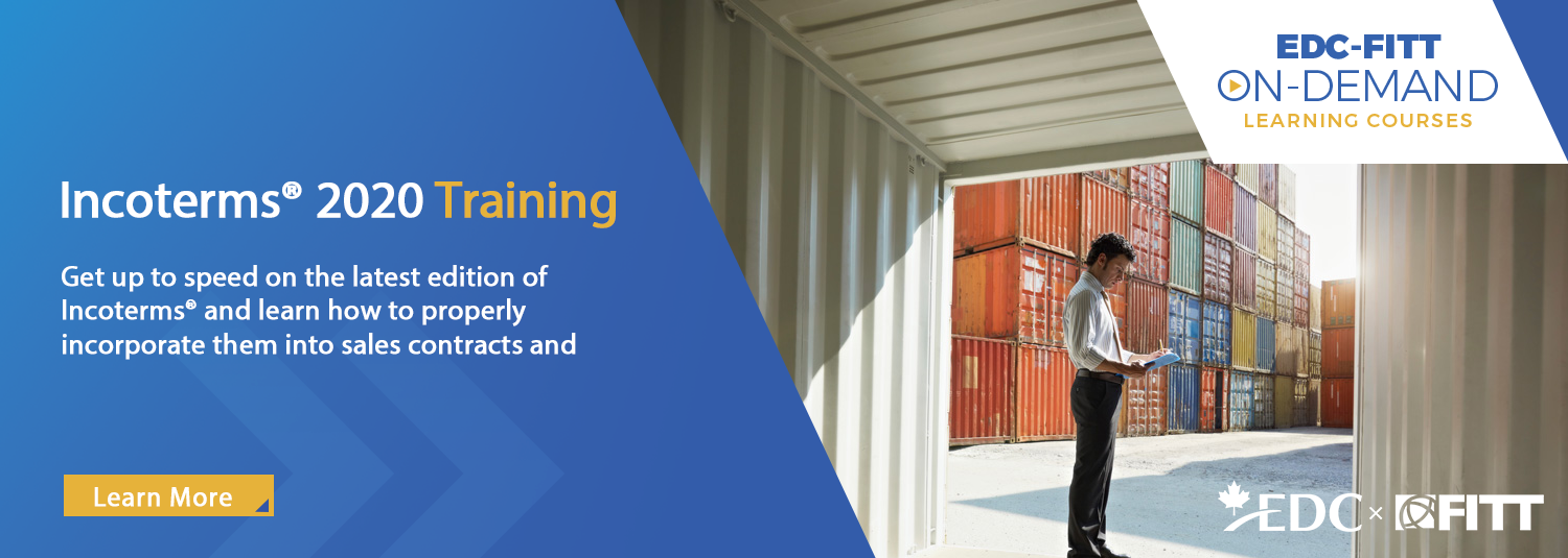 Incoterms On-Demand Course banner featuring a businessman inspecting a shipping container